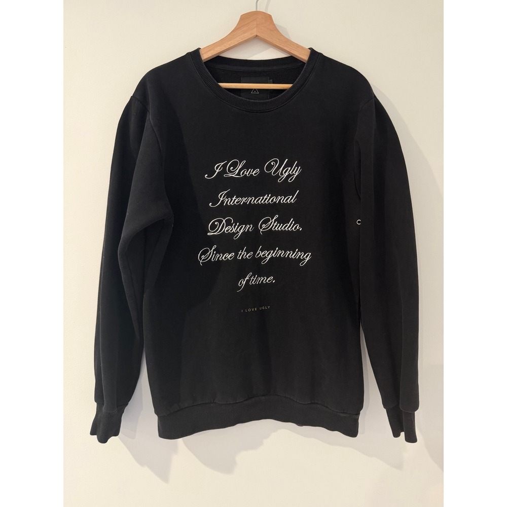 I Love Ulgy Men's Graphic Black Crewneck Sweatshirt Fleece Lined Size M